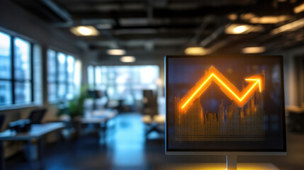 Glowing upward arrow graph on digital screen symbolizing positive company growth and future outlook, representing business success and financial progress.