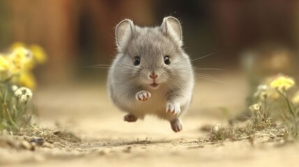 Adorable Grey Hamster Joyfully Leaping on a Sunny Flower Path