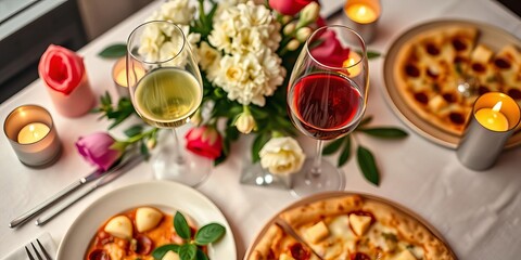 Romantic table setting with candles, wine glasses, flowers, and a delicious pizza, wine glasses, romantic dinner, flowers