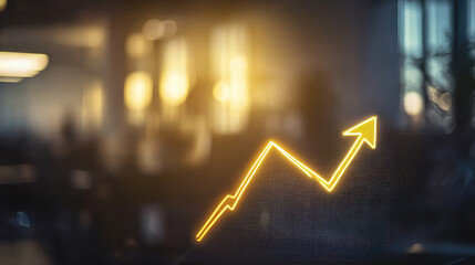 Glowing upward arrow graph on digital screen symbolizing positive company growth and future outlook, representing business success and financial progress.