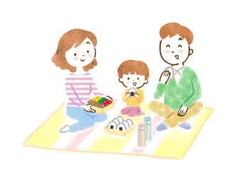 レジャーシートを敷いてお弁当を食べる3人家族の手描きイラスト