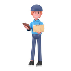 Delivery courier man in blue uniform holding clipboard and cardboard package box. Safe delivery of goods concept. 3d people character illustration. Cartoon minimal style. PNG background