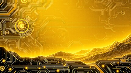 gold textured background illustration in a futuristic sci-fi style.  Advanced technology is depicted through intricate circuitry and glowing components.  Space elements include distant nebulae and sta