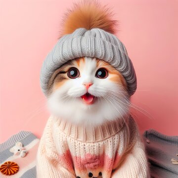 Potrait of cat wear sweater and snow cap