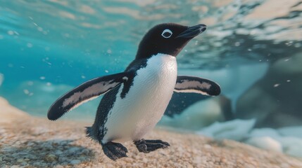 Fototapeta premium Adorable Penguin Swimming Underwater in Crystal Clear Ocean Water