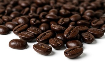 Coffee beans scattered close up white background roasted