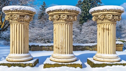 Obraz premium Three Carved Stone Columns with Snow on Tops Against a Winter Park Landscape