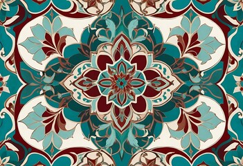 Elegant Floral Arabesque Design in Teal and Burgundy for Wallpaper
