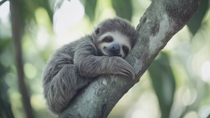 Fototapeta premium Adorable Sloth Relaxing Peacefully on a Tree Branch in Nature