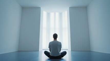 Chronic back pain relief through mindfulness breathing in a serene room. Featuring calmness and pain relief
