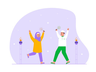 Muslim people cheering up for ramadan festival Illustration. Eid illustration. Flat vector illustration concept.