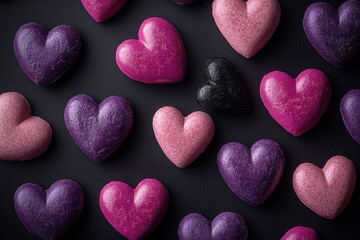 Fototapeta premium Colorful heart-shaped objects on dark background. Perfect for Valentine's Day, love, or romance themes.