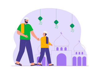 Father and son going to mosque Illustration. Eid illustration. Flat vector illustration concept.