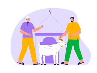 Muslim man purchasing goat for Eid Illustration. Eid illustration. Flat vector illustration concept.