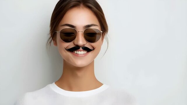 Beautiful caucasian woman wearing fake mustache and sunglasses on white wall background. Fun photo for Movember, Halloween or April Fools Day celebration