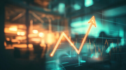 Glowing upward arrow graph on digital screen symbolizing positive company growth and future outlook, representing business success and financial progress.