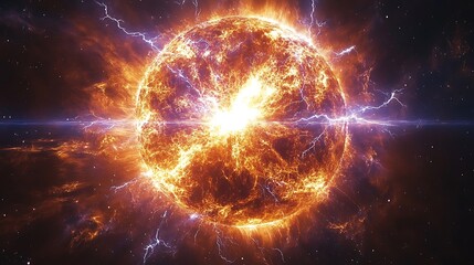 A vibrant depiction of a sun-like star emitting radiant energy and cosmic lightning in space