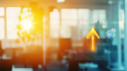 Glowing upward arrow graph on digital screen symbolizing positive company growth and future outlook, representing business success and financial progress.