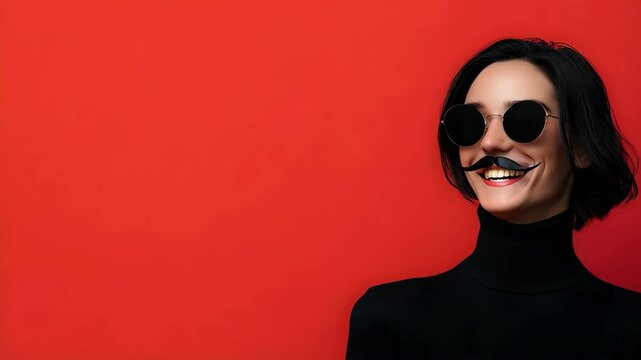 Stylish caucasian woman in black turtleneck and sunglasses laughing against red wall. Fashion portrait for Valentine day, Christmas, Black Friday sales and promos