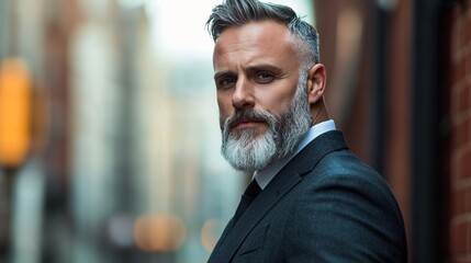 Obraz premium Confident Man with Graying Beard in Business Attire Urban Setting Portrait Photography Professional Environment