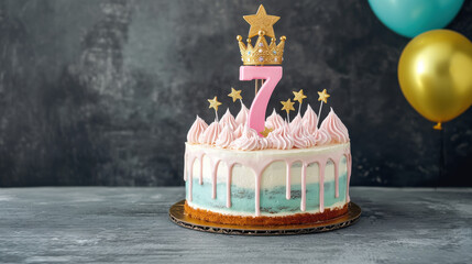 Colorful birthday cake with crown and number seven, perfect for celebrations, Happy Birthday 7 Anniversary Theme.