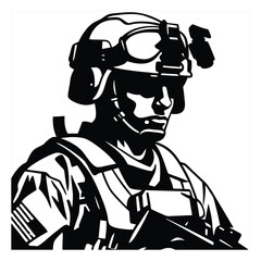 Obraz premium Stylized soldier in full combat gear with a helmet and rifle, ready for action