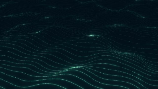 Glowing green-blue waves shimmering on the background, movement of waves in good resolution, particle and line animation, motion design