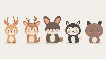 Cute cartoon animals, deer, rabbit, wolf, and bear, sitting in a row, adorable, cheerful, children's illustration, flat design, pastel colors.