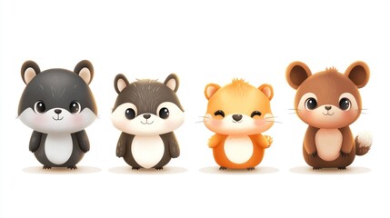 Cute cartoon animals, digitally illustrated, in a row, showing four different species of small, stylized animals, with large eyes, expressive faces, and chubby bodies.