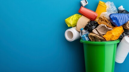 Overflowing Green Trash Bin with Various Waste and Recycling Items