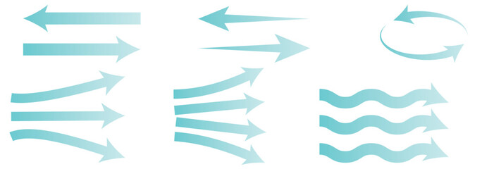 Air flow. Set of blue arrows showing direction of air movement. Wind direction arrows. Blue cold fresh stream from the conditioner.