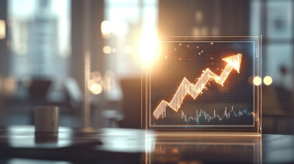 Glowing upward arrow graph on digital screen symbolizing positive company growth and future outlook, representing business success and financial progress.