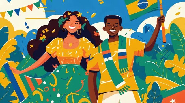 Hispanic woman and African American man dancing at Brazilian carnival celebration. Colorful festive illustration for Carnival, Mardi Gras and Cinco de Mayo