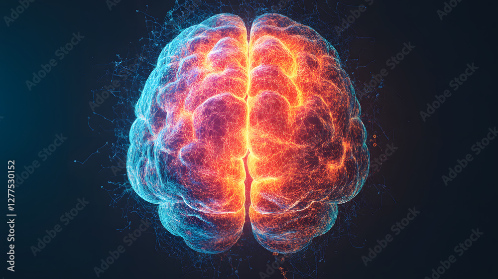Poster digital representation of a glowing brain with vibrant colors