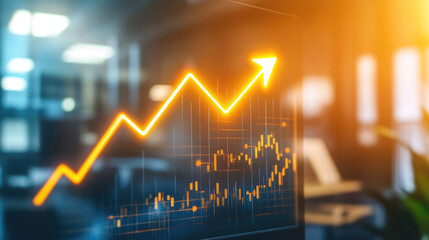 Glowing upward arrow graph on digital screen symbolizing positive company growth and future outlook, representing business success and financial progress.