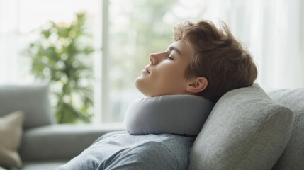 Chronic back pain relief through relaxation techniques in a soft, ambient living room. Featuring stress reduction and healing