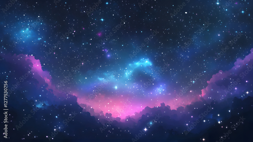 Poster vibrant cosmic scene with stars and colorful nebulae in deep space