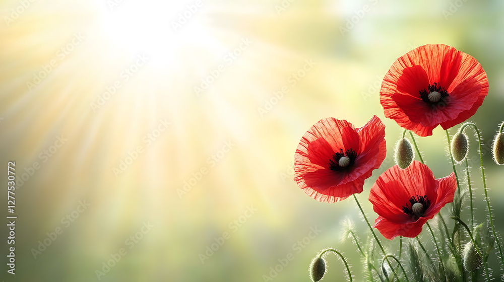 Poster vibrant red poppies basking in sunlight against a soft green backdrop