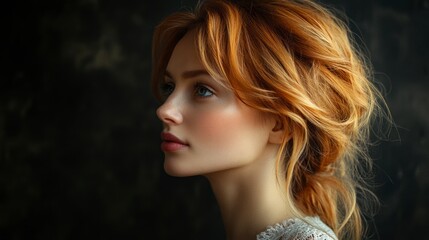 Profile of a Young Woman with Elegant Red Hair in Soft Light Capturing Grace and Independence