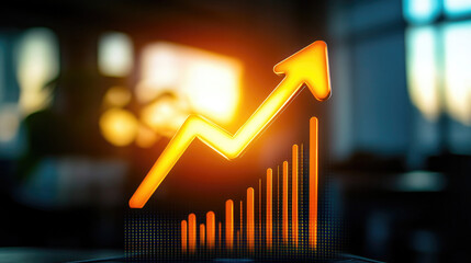 Glowing upward arrow graph on digital screen symbolizing positive company growth and future outlook, representing business success and financial progress.