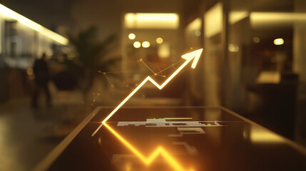 Glowing upward arrow graph on digital screen symbolizing positive company growth and future outlook, representing business success and financial progress.