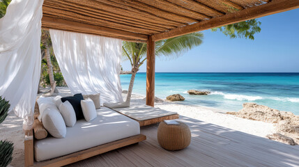 Obraz premium Luxurious beach cabana with flowing curtains and ocean view, perfect for relaxation