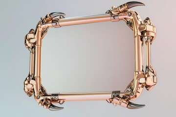 This 3D rose-gold frame mock-up uses robotic claws as borders and floats above a pastel-to-gray gradient, showcasing futuristic design.