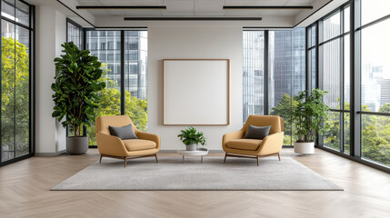 Modern office environment with yellow chairs and greenery, creating welcoming atmosphere