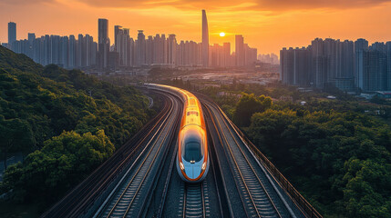 Fototapeta premium High speed trains running on the tracks in the background of the city skyline