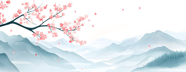 Sumi e painting of serene mountain valley with pink sakura blossoms, evoking tranquility and beauty in nature. soft colors create peaceful atmosphere