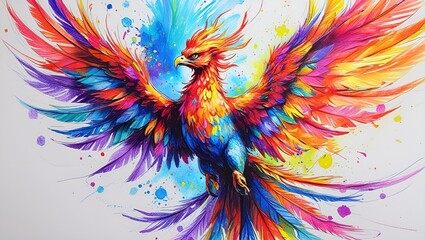 Colorful abstract fractal background with butterflies and a tropical parrot perched on a branch surrounded by vibrant feathers