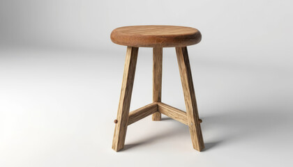 Wooden stool with three legs on white background, rustic furniture design, simple handcrafted wood seating, minimalistic interior d&eacute;cor