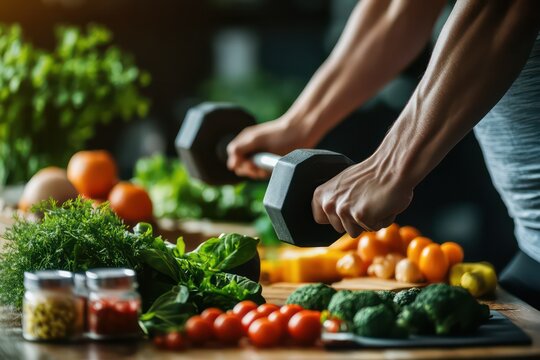 A close-up of a fitness trainer&acirc;&euro;&trade;s hands holding a dumbbell, with a table of healthy food in the background