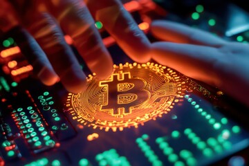 A close-up of a hand with biometric sensors being used to authenticate a Bitcoin transaction on a blockchain platform.